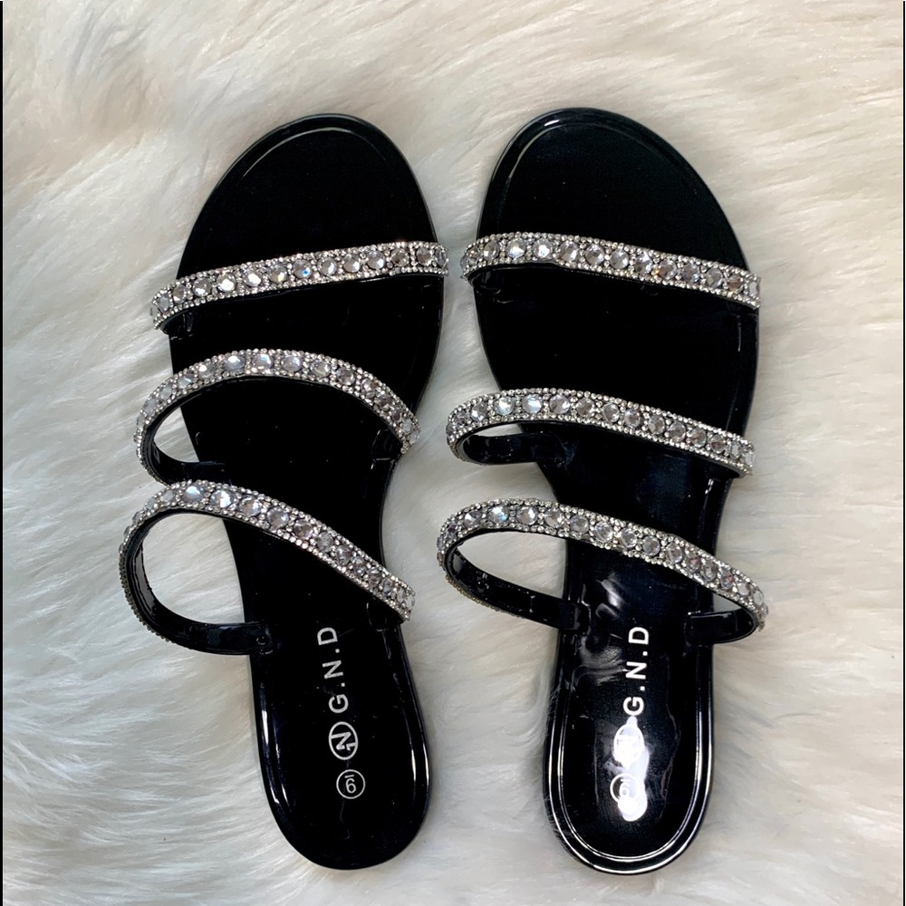 Black 3 Strap Studded Sandals - Picture 3 of 3